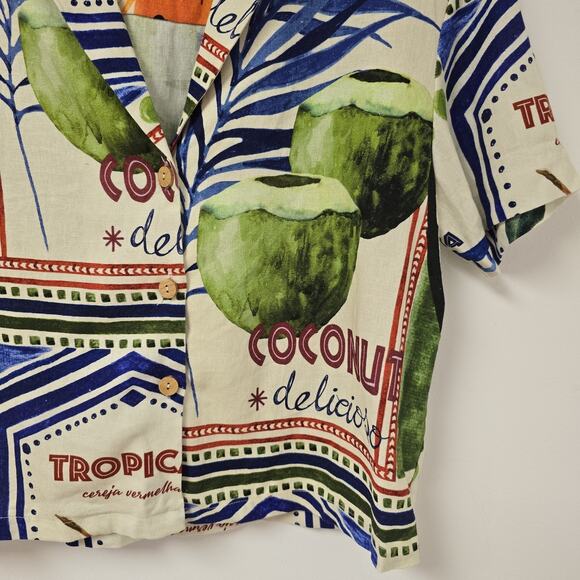 Rachel Zoe Shirt Small Tropical Floral Coconuts Button Front Crop Linen Blend - Picture 2 of 9